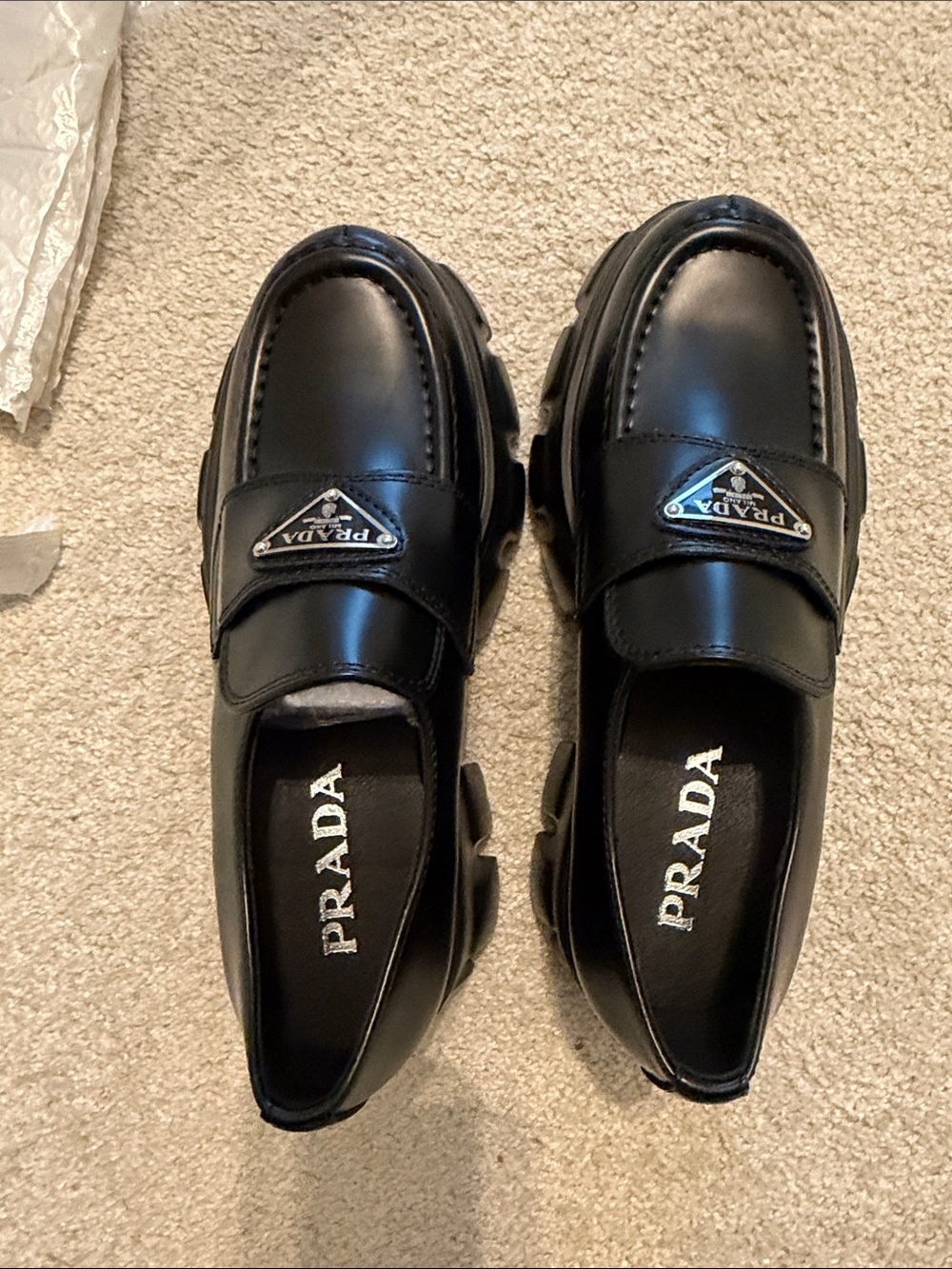 Prada Black Leather Logo Penny Loafers